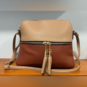 DELUXITY Dual Tassel Zipper Pocket Medium Crossbody Bag Tan & Brown Pre Loved